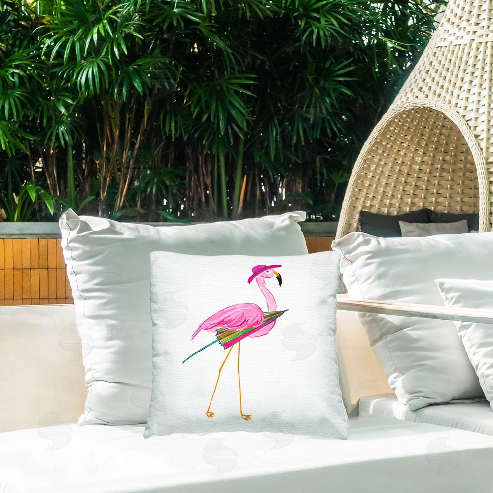 Julie DeRice Flamingo with Beach Umbrella Outdoor Quick-Dry Polyester Printed Throw Pillow in Back Yard