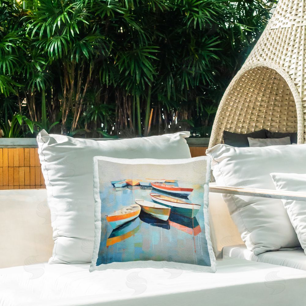 Irena Orlov Boats on Shoreline Outdoor Quick-Dry Polyester Printed Throw Pillow in Back Yard