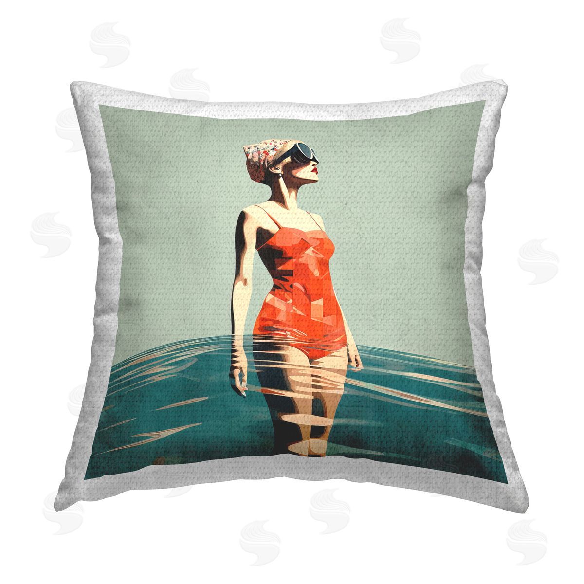 Irena Orlov Retro Woman in Swimsuit Outdoor Quick-Dry Polyester Printed Throw Pillow