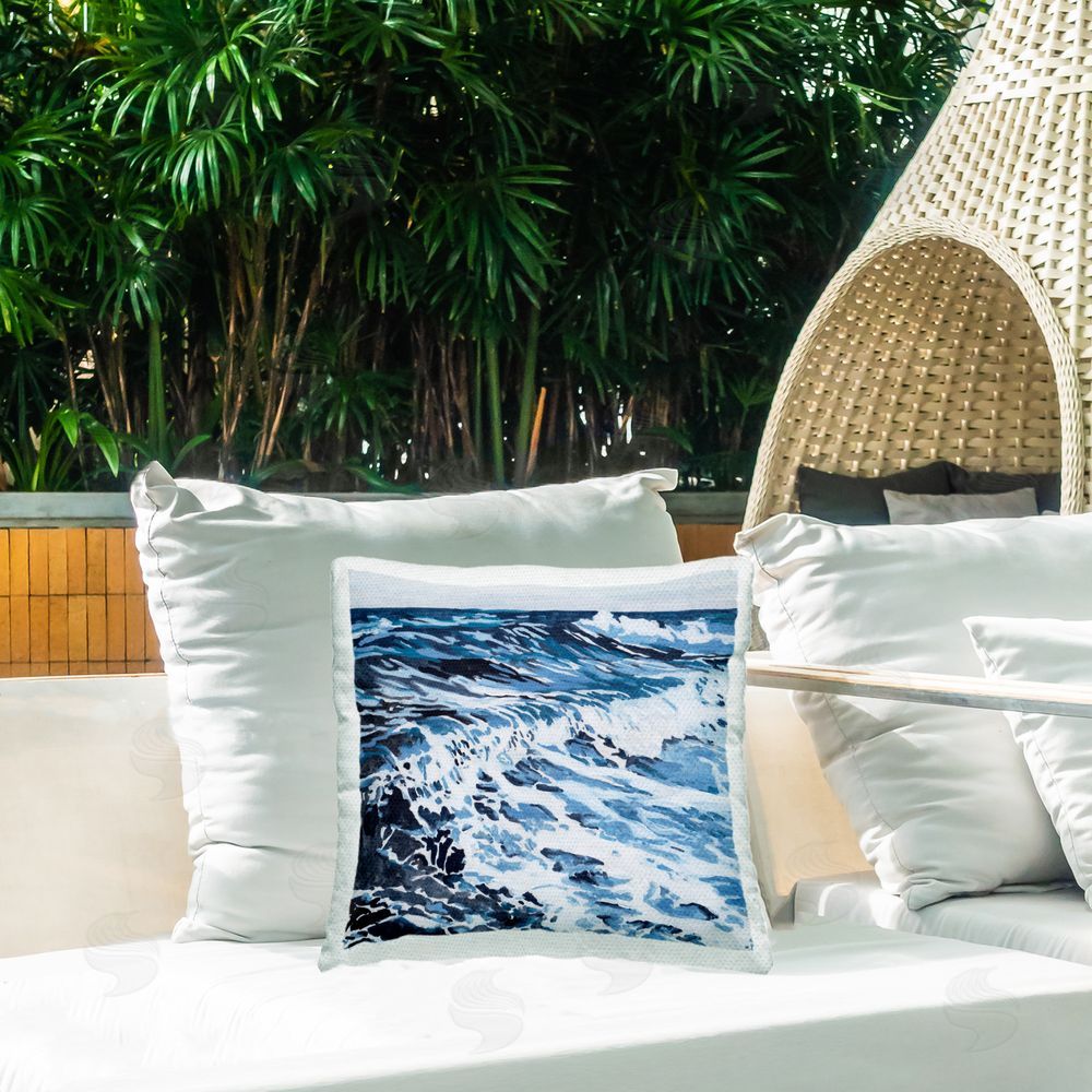 Melissa Wang Blue Rolling Waves Outdoor Quick-Dry Polyester Printed Throw Pillow in Back Yard