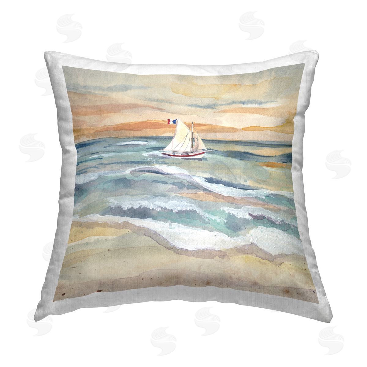 Audrey Jeanne Roberts Watercolor Boat Beach View Printed Plush Polyester Throw Pillow
