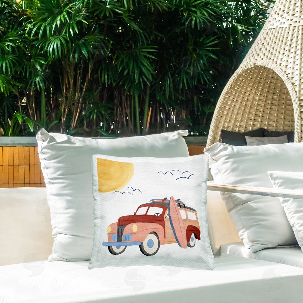 Carrie Cantwell Summer Surf Wagon Outdoor Quick-Dry Polyester Printed Throw Pillow in Back Yard