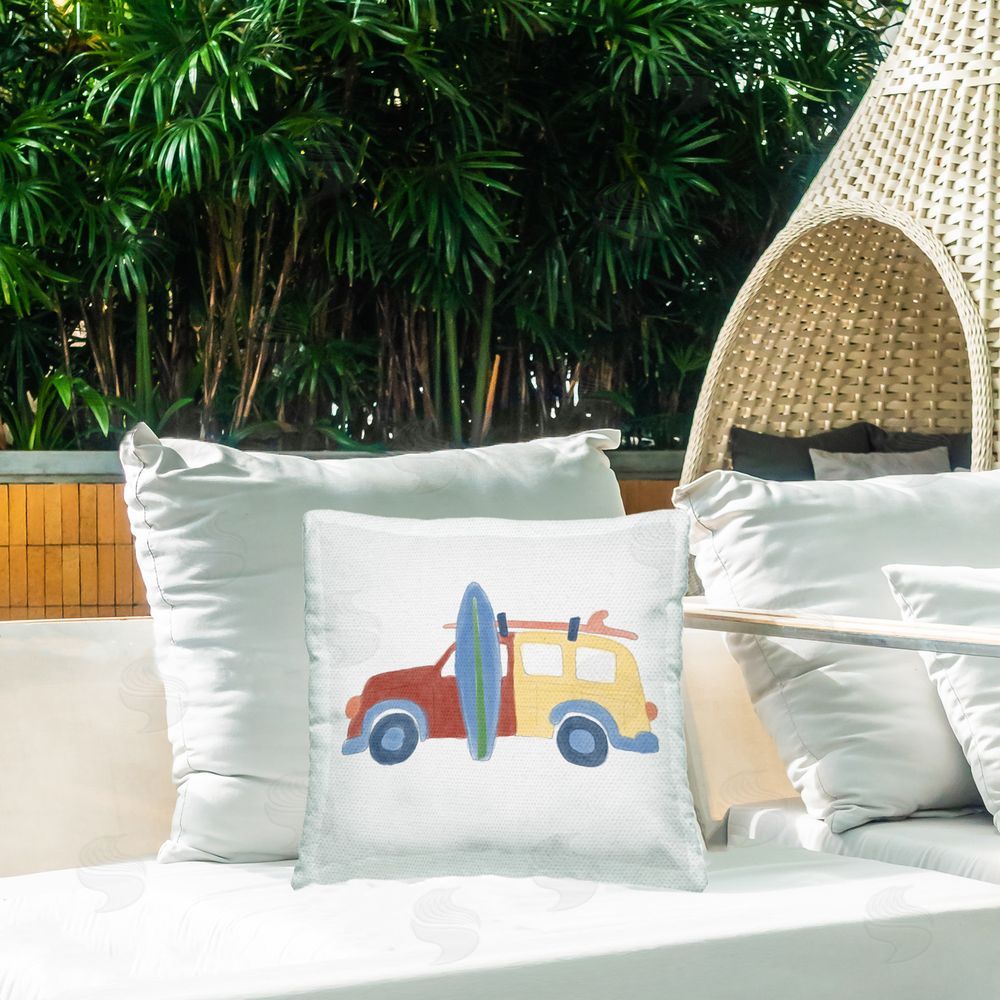 Carrie Cantwell Summer Beach Wagon Outdoor Quick-Dry Polyester Printed Throw Pillow in Back Yard
