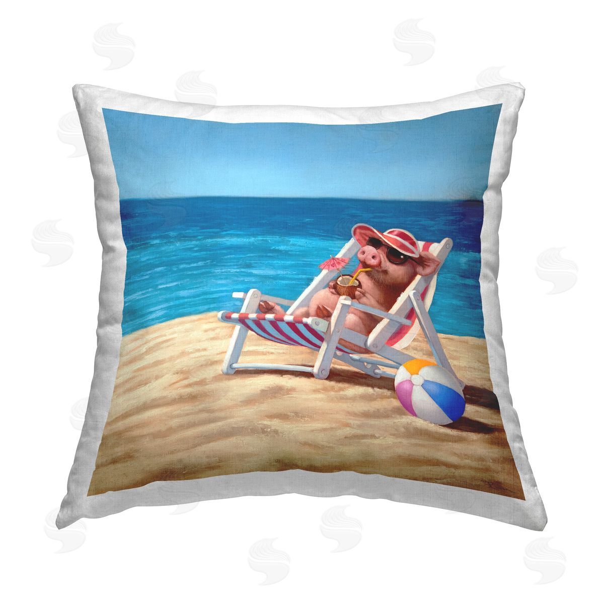 Lucia Heffernan Pig with Beach Cocktail Printed Plush Polyester Throw Pillow