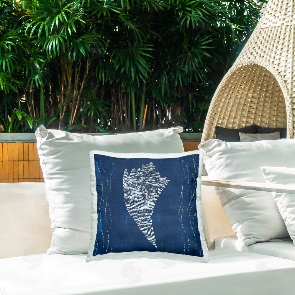 Jetty Home LLC Conch Shell on Blue Outdoor Quick-Dry Polyester Printed Throw Pillow in Back Yard