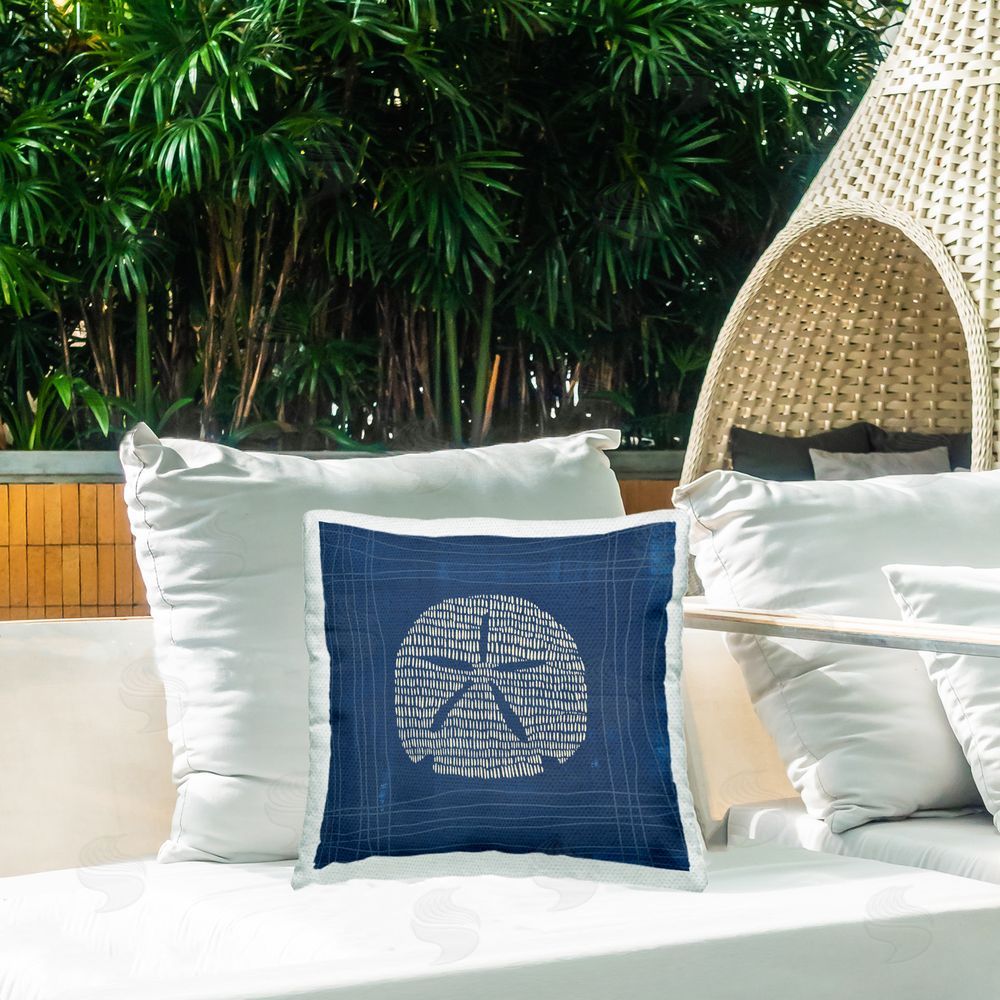 Jetty Home LLC Sand Dollar on Blue Outdoor Quick-Dry Polyester Printed Throw Pillow in Back Yard