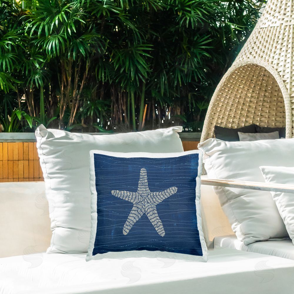 Jetty Home LLC Starfish on Blue Outdoor Quick-Dry Polyester Printed Throw Pillow in Back Yard