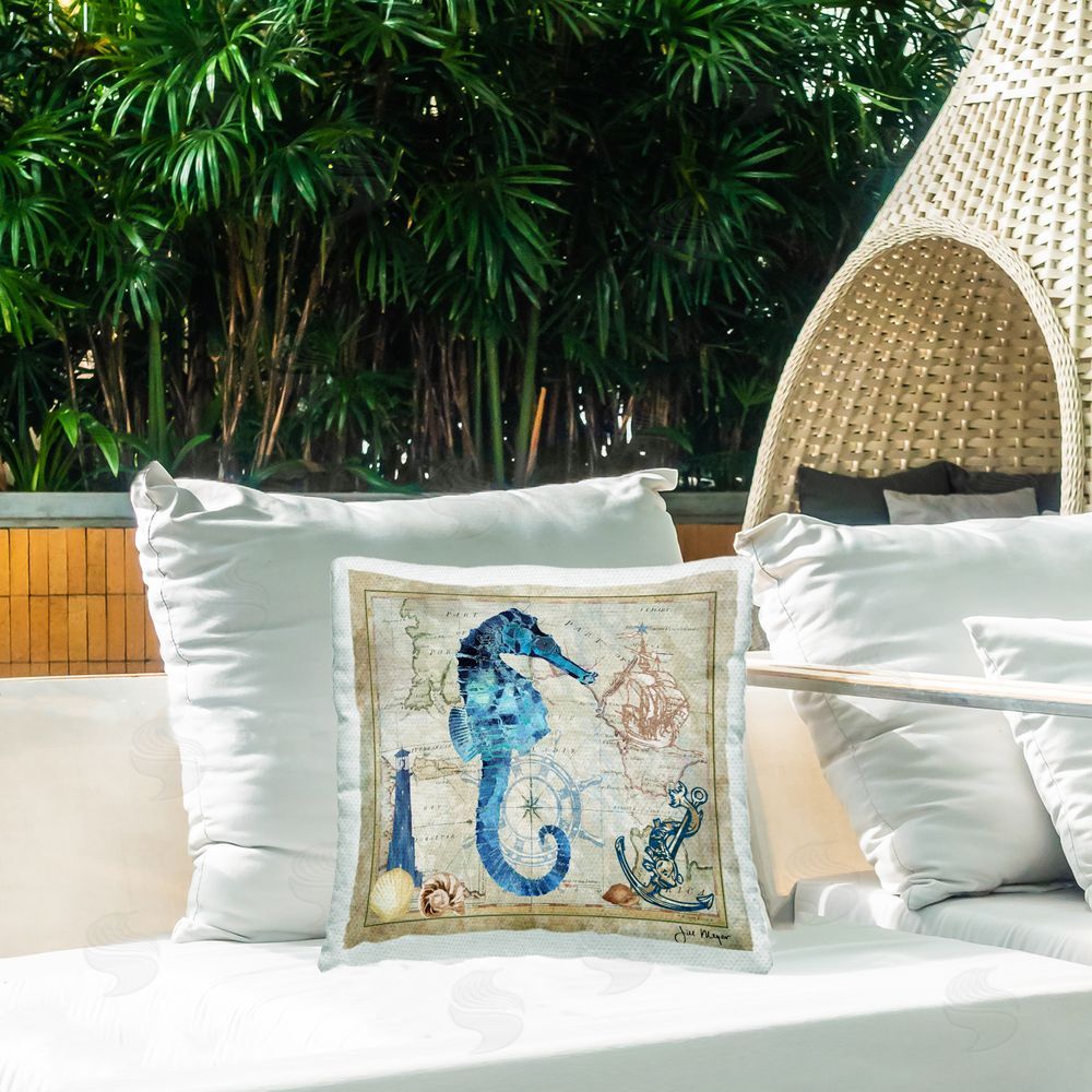 Jill Meyer Seahorse & Nautical Map Outdoor Quick-Dry Polyester Printed Throw Pillow in Back Yard