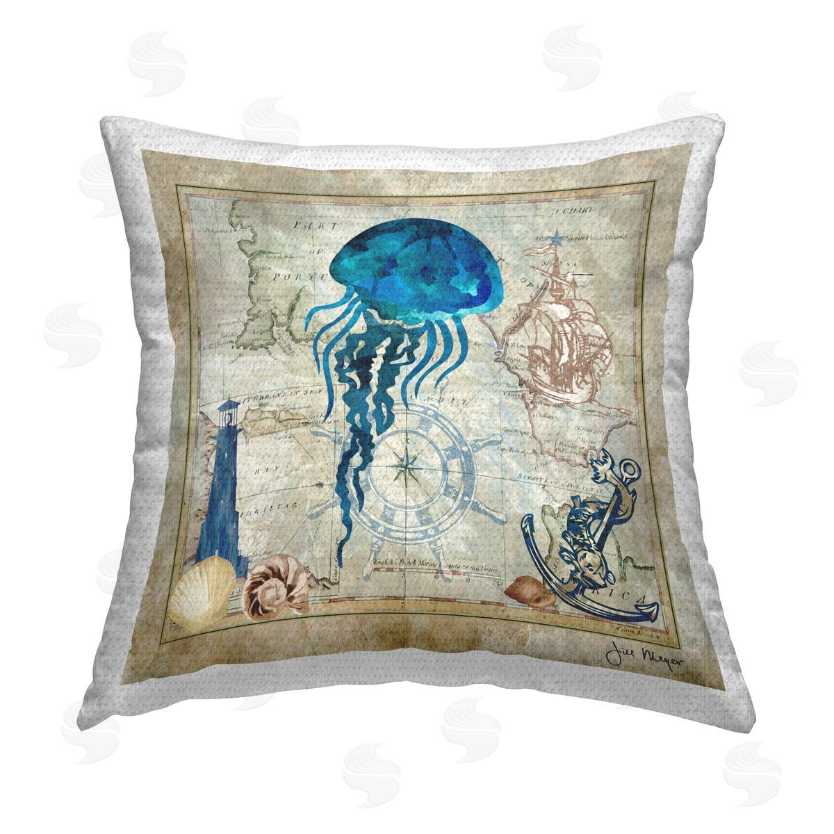 Jill Meyer Jellyfish & Nautical Map Outdoor Quick-Dry Polyester Printed Throw Pillow