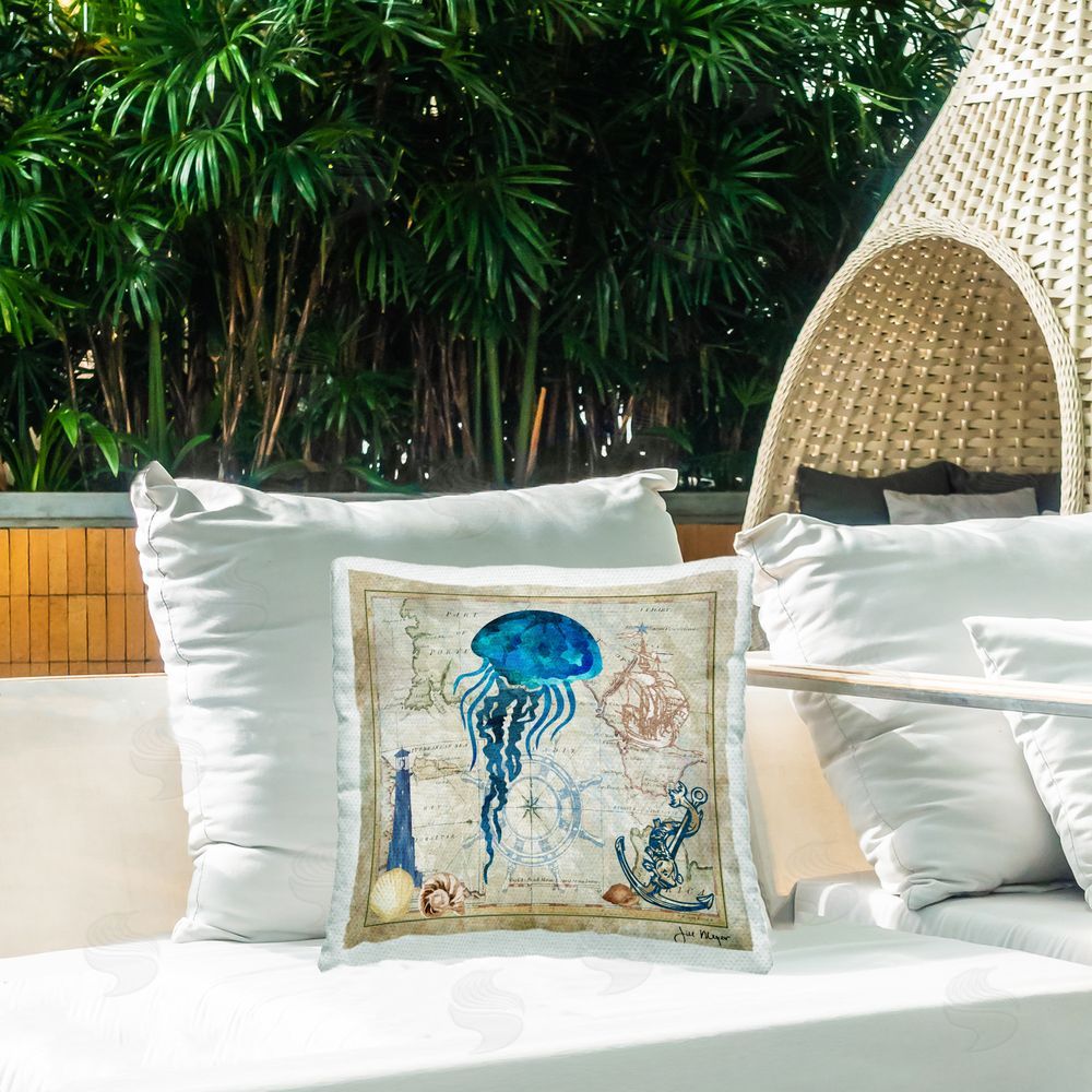 Jill Meyer Jellyfish & Nautical Map Outdoor Quick-Dry Polyester Printed Throw Pillow in Back Yard