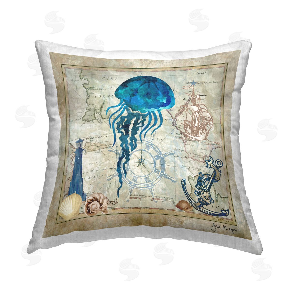 Jill Meyer Jellyfish & Nautical Map Printed Plush Polyester Throw Pillow