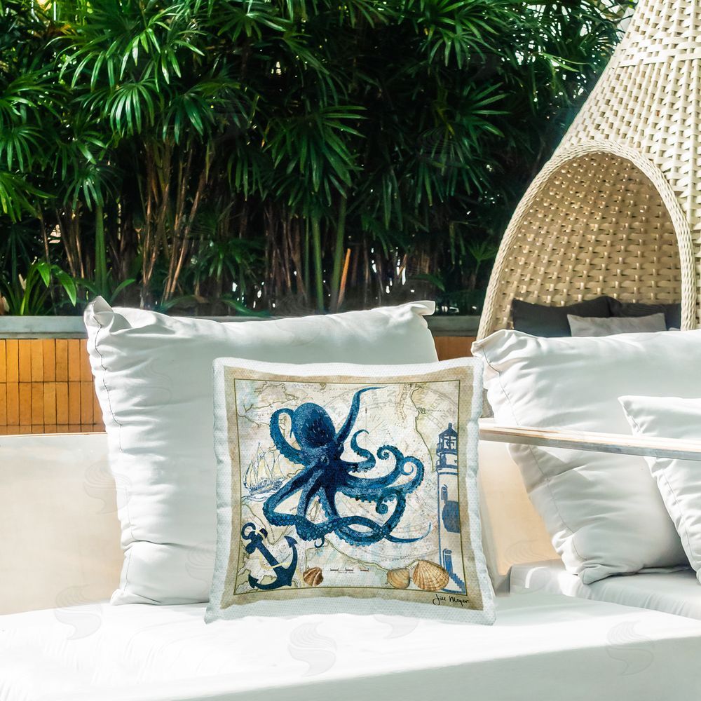 Jill Meyer Octopus & Nautical Map Outdoor Quick-Dry Polyester Printed Throw Pillow in Back Yard