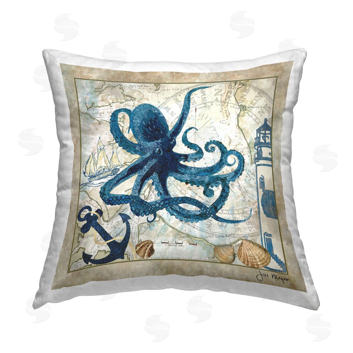 Jill Meyer Octopus & Nautical Map Printed Plush Polyester Throw Pillow