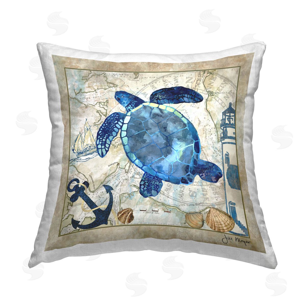 Jill Meyer Turtle & Nautical Map Printed Plush Polyester Throw Pillow