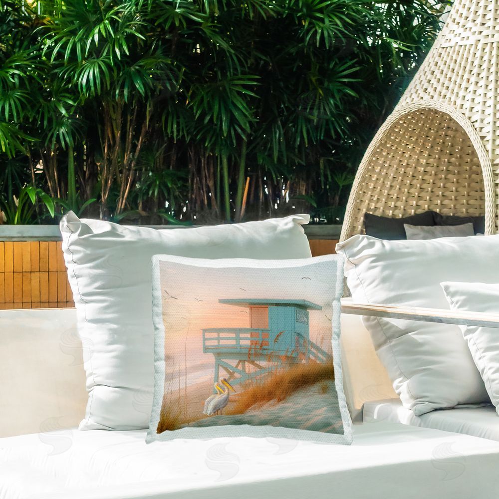 Steve Hunziker Coastal Charm Beach Hut Outdoor Quick-Dry Polyester Printed Throw Pillow in Back Yard
