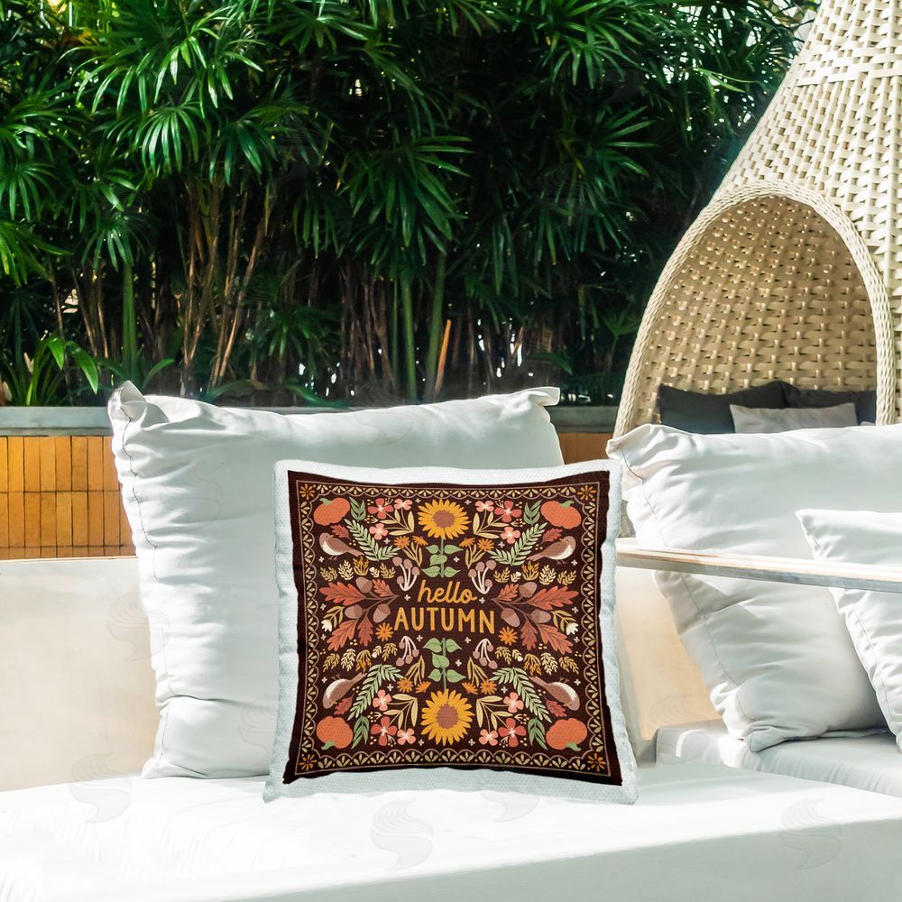 Laura Marshall Hello Autumn on Brown Outdoor Quick-Dry Polyester Printed Throw Pillow in Back Yard
