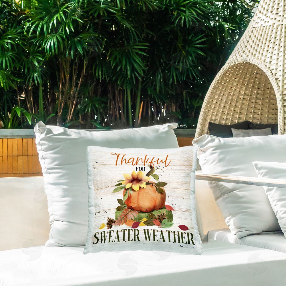 Deane Beesley Thankful Sweater Weather Outdoor Quick-Dry Polyester Printed Throw Pillow in Back Yard