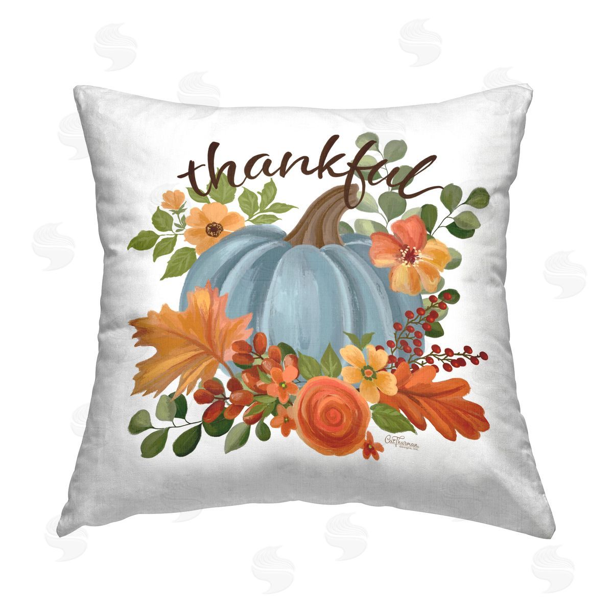 Cat Thurman Designs Autumnal Thankful Pumpkin Printed Plush Polyester Throw Pillow