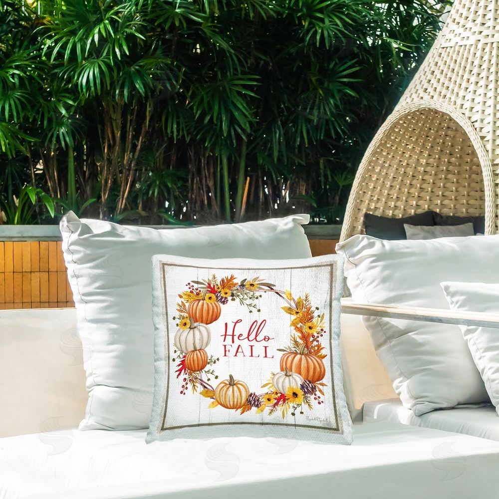 Elizabeth Tyndall Rustic Hello Fall Outdoor Quick-Dry Polyester Printed Throw Pillow in Back Yard
