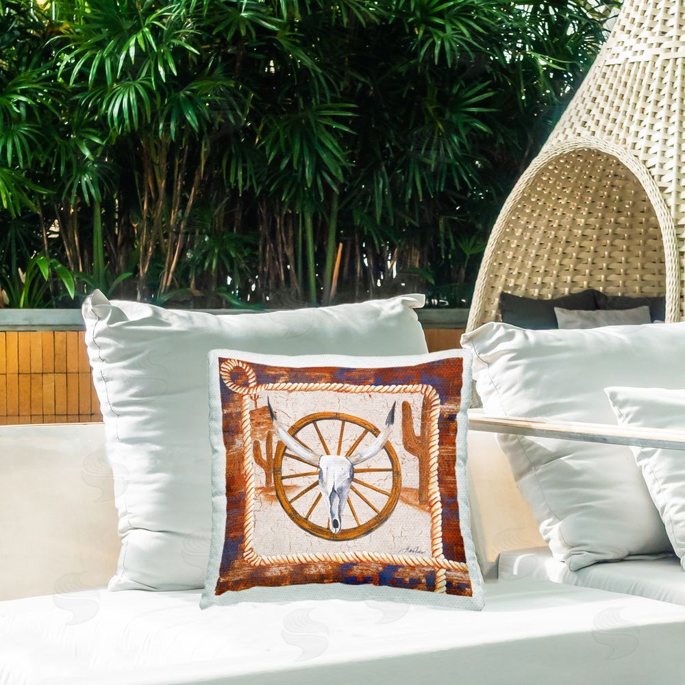 Gina Ritter Western Desert Wheel Outdoor Quick-Dry Polyester Printed Throw Pillow in Back Yard
