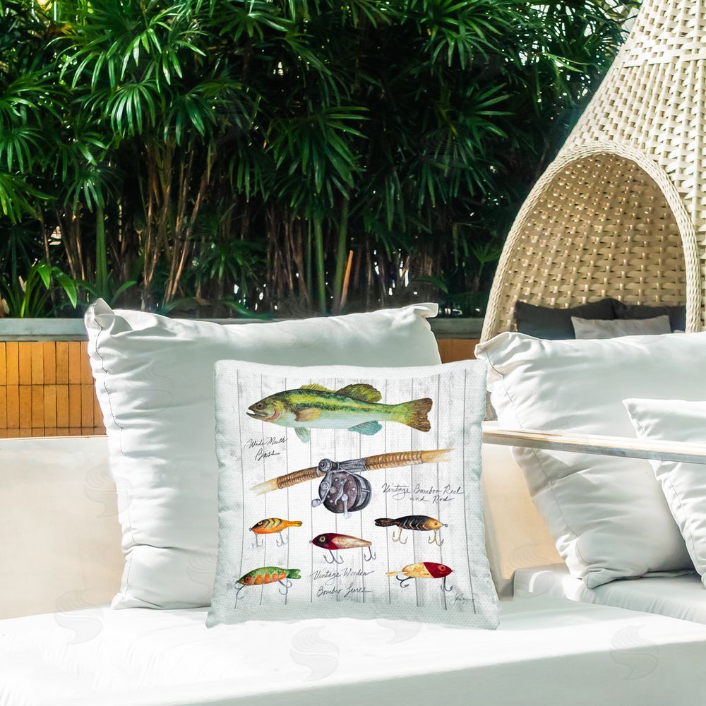 Janice Gaynor Fishing Lure Diagram Outdoor Quick-Dry Polyester Printed Throw Pillow in Back Yard