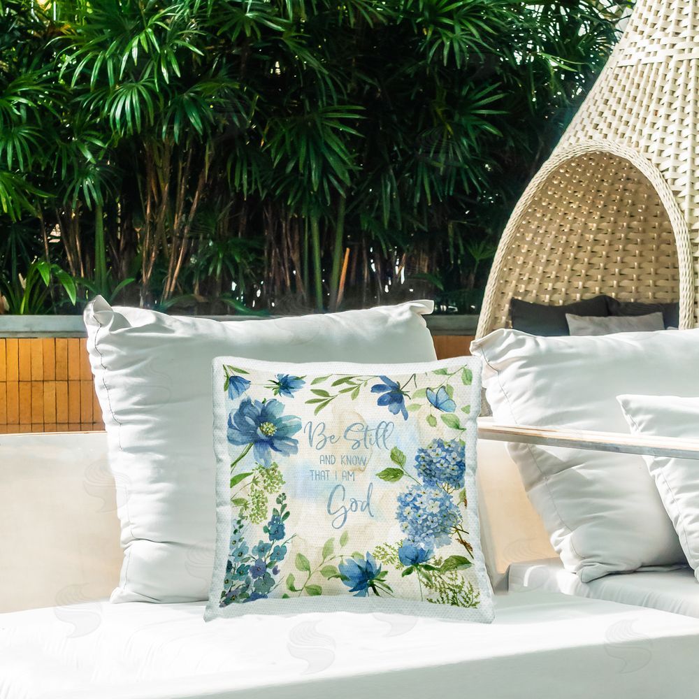 Nan Be Still Floral Phrase Outdoor Quick-Dry Polyester Printed Throw Pillow in Back Yard