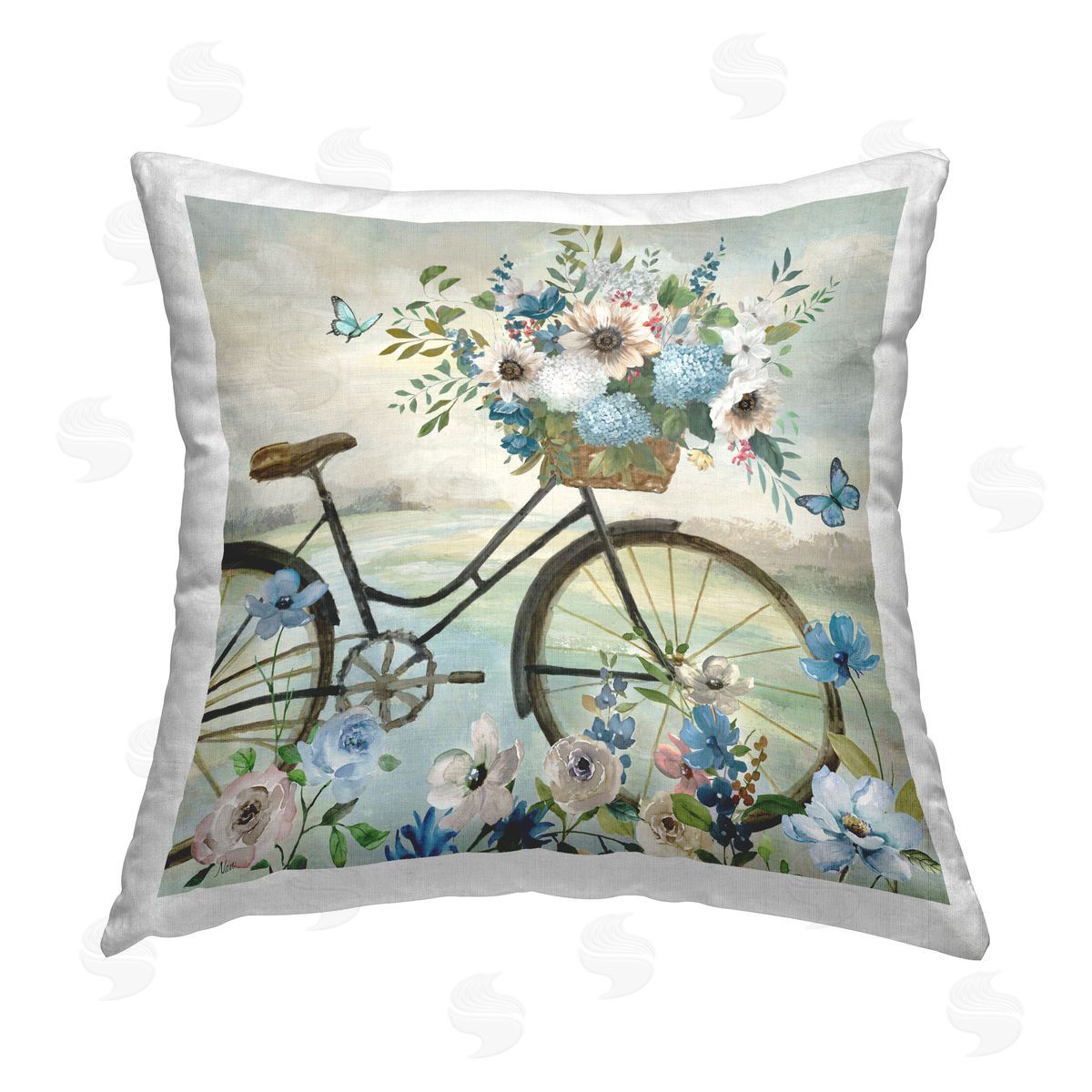 Nan Floral Bicycle & Butterflies Printed Plush Polyester Throw Pillow