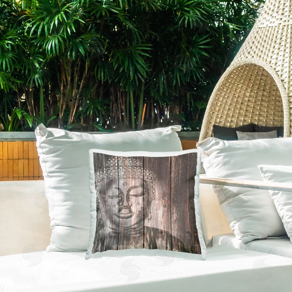 Conrad Knutsen Rustic Buddha Face Outdoor Quick-Dry Polyester Printed Throw Pillow in Back Yard
