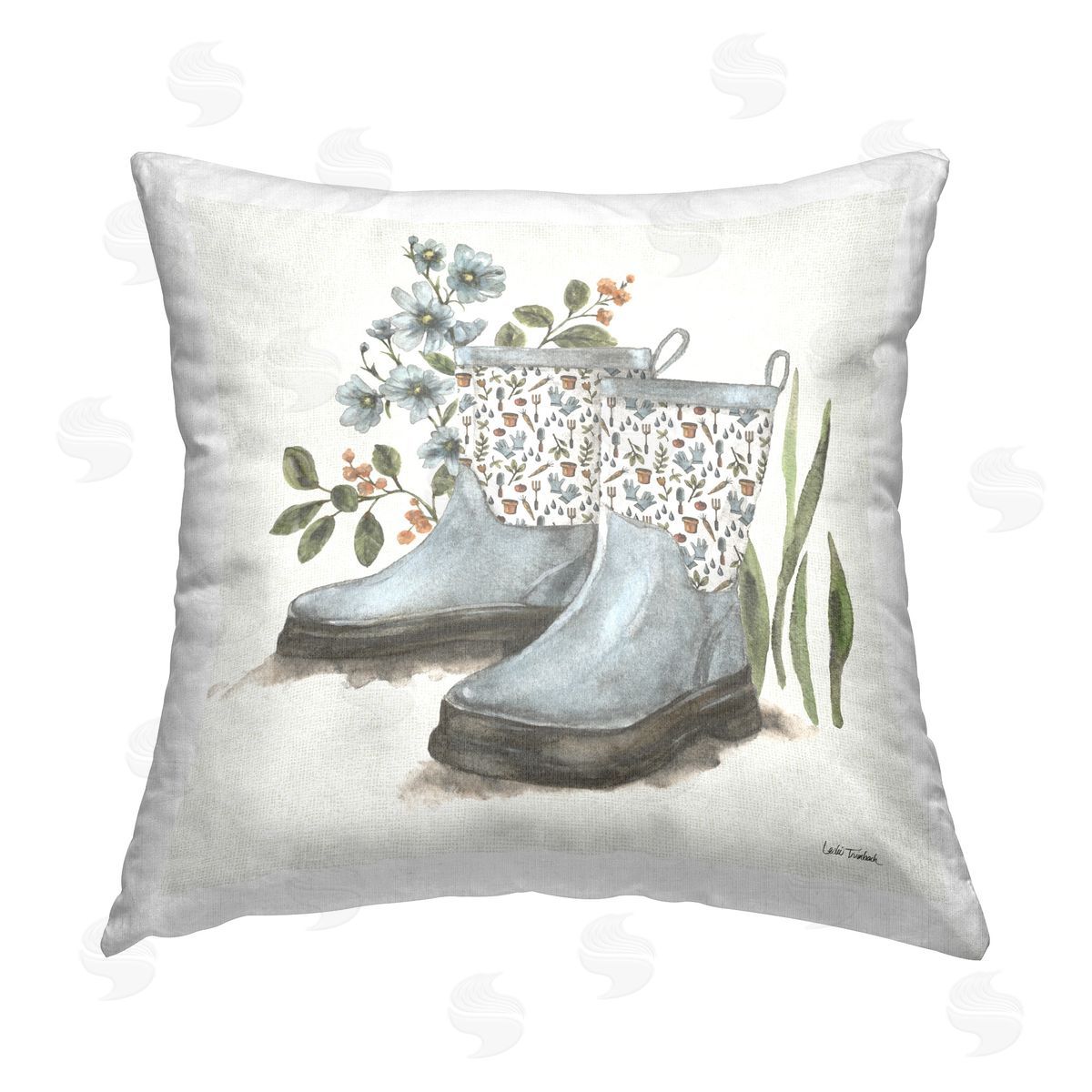 Leslie Trimbach Floral Gardening Boots Printed Plush Polyester Throw Pillow