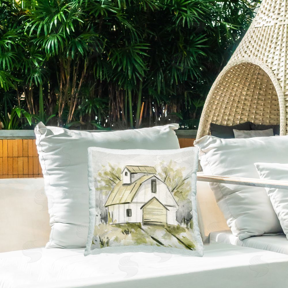 Melissa Wang Soft Neutral Barn Outdoor Quick-Dry Polyester Printed Throw Pillow in Back Yard