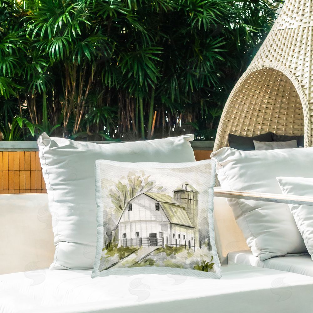 Melissa Wang Neutral Farmhouse Barn Outdoor Quick-Dry Polyester Printed Throw Pillow in Back Yard