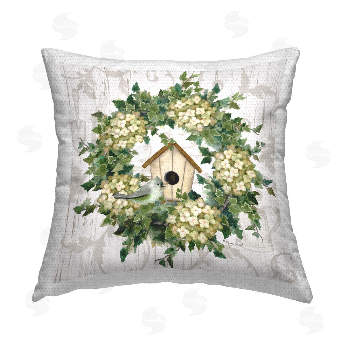 Annie LaPoint Spring Birdhouse Wreath Outdoor Quick-Dry Polyester Printed Throw Pillow