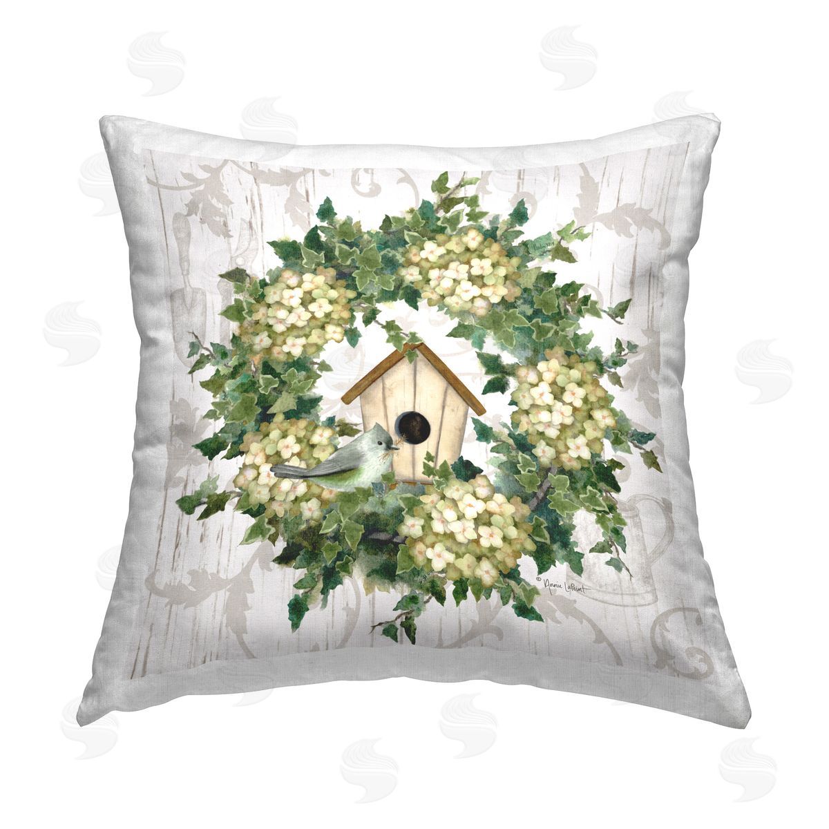 Annie LaPoint Spring Birdhouse Wreath Printed Plush Polyester Throw Pillow