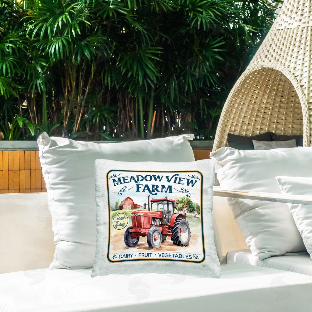 Mollie B. Meadowview Farm Tractor Outdoor Quick-Dry Polyester Printed Throw Pillow in Back Yard