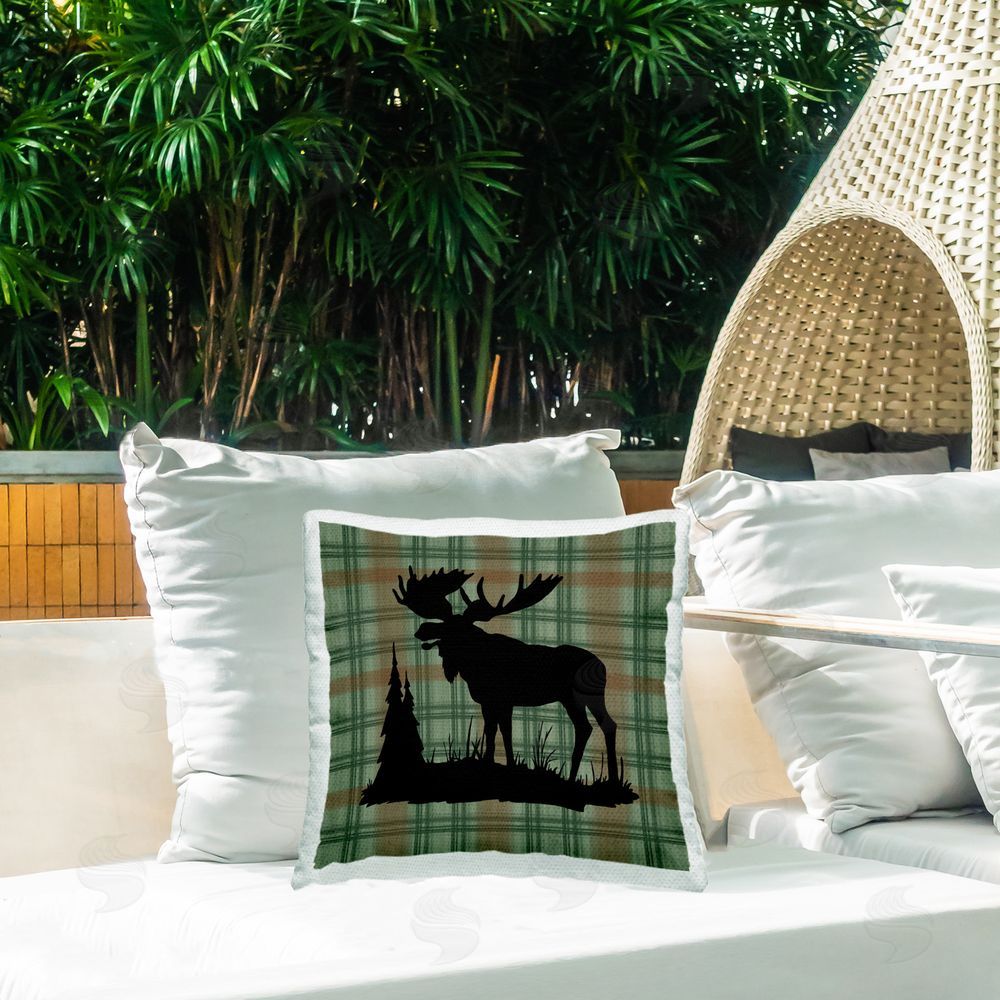 Jacki Frerichs Forest Moose on Plaid Outdoor Quick-Dry Polyester Printed Throw Pillow in Back Yard