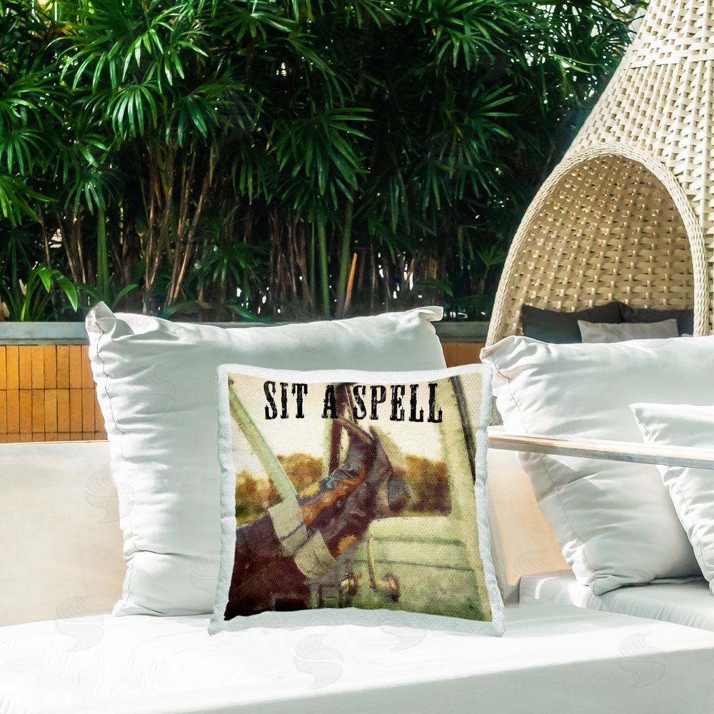 Sasha Sit A Spell Cowboy Outdoor Quick-Dry Polyester Printed Throw Pillow in Back Yard