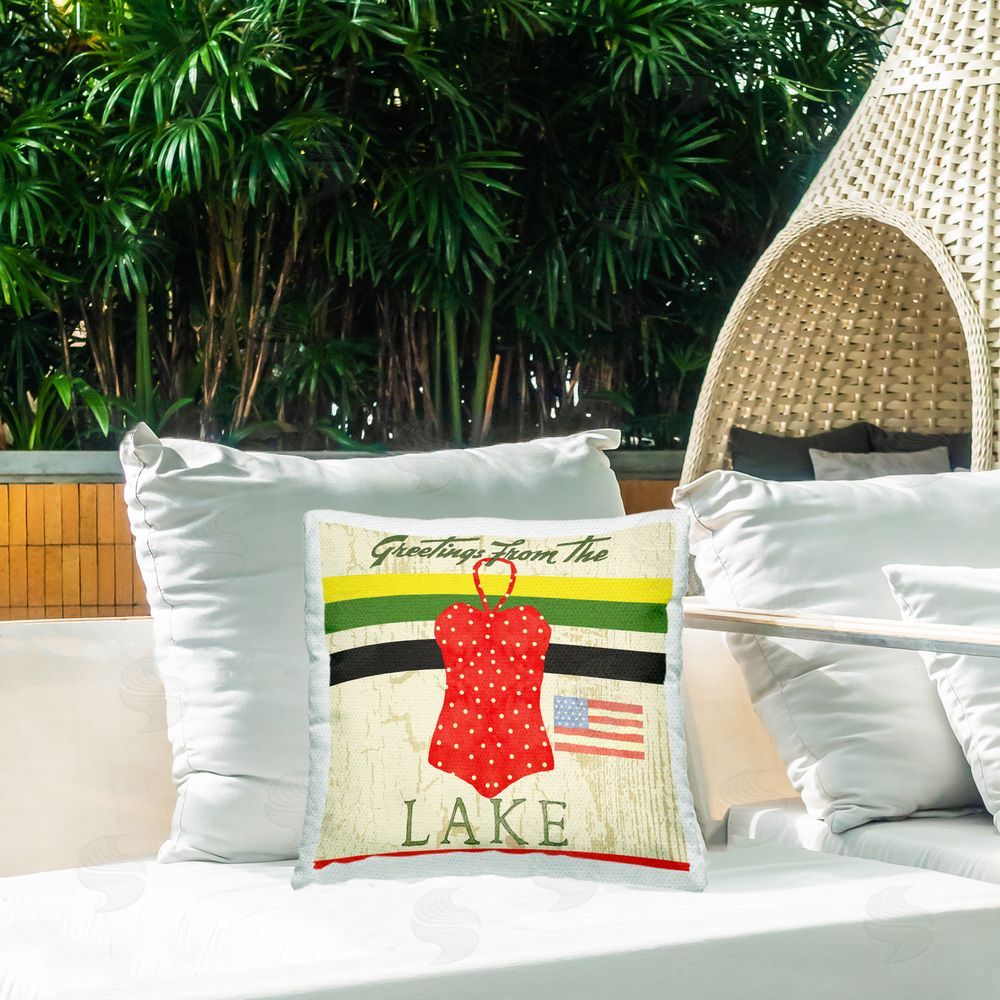 Andrea Tachiera Greetings From Lake Outdoor Quick-Dry Polyester Printed Throw Pillow in Back Yard