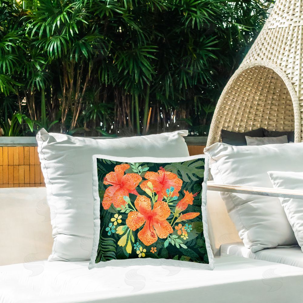 Rebecca Canale Tropical Hibiscus Florals Outdoor Quick-Dry Polyester Printed Throw Pillow in Back Yard