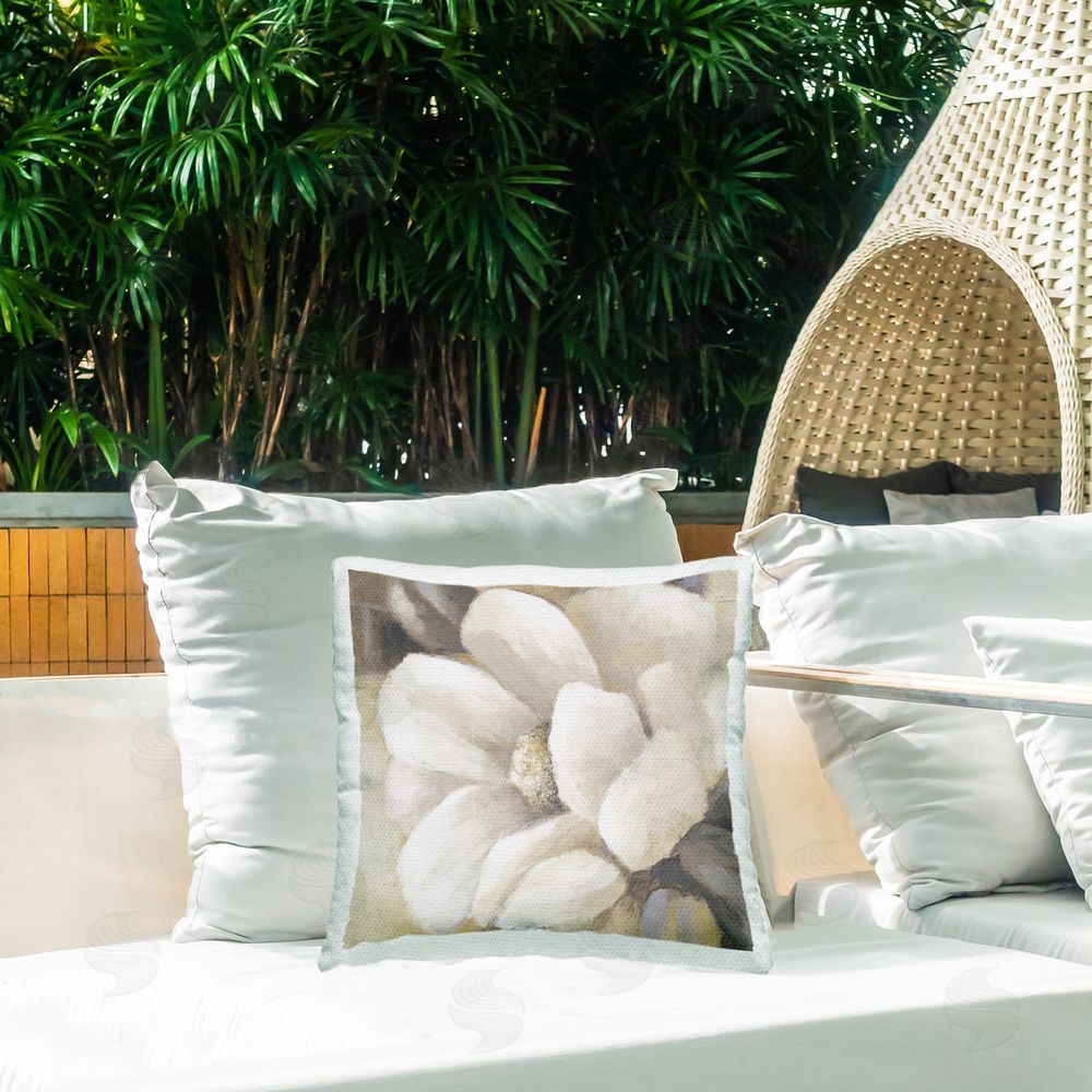 Lanie Loreth Magnolia Flower Petals Outdoor Quick-Dry Polyester Printed Throw Pillow in Back Yard