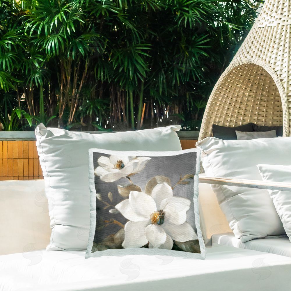 Lanie Loreth Magnolias on Grey Outdoor Quick-Dry Polyester Printed Throw Pillow in Back Yard