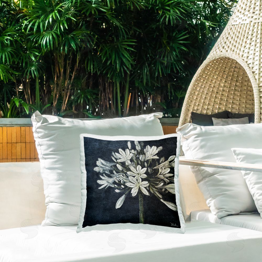 Patricia Pinto White Herb Blooms Outdoor Quick-Dry Polyester Printed Throw Pillow in Back Yard
