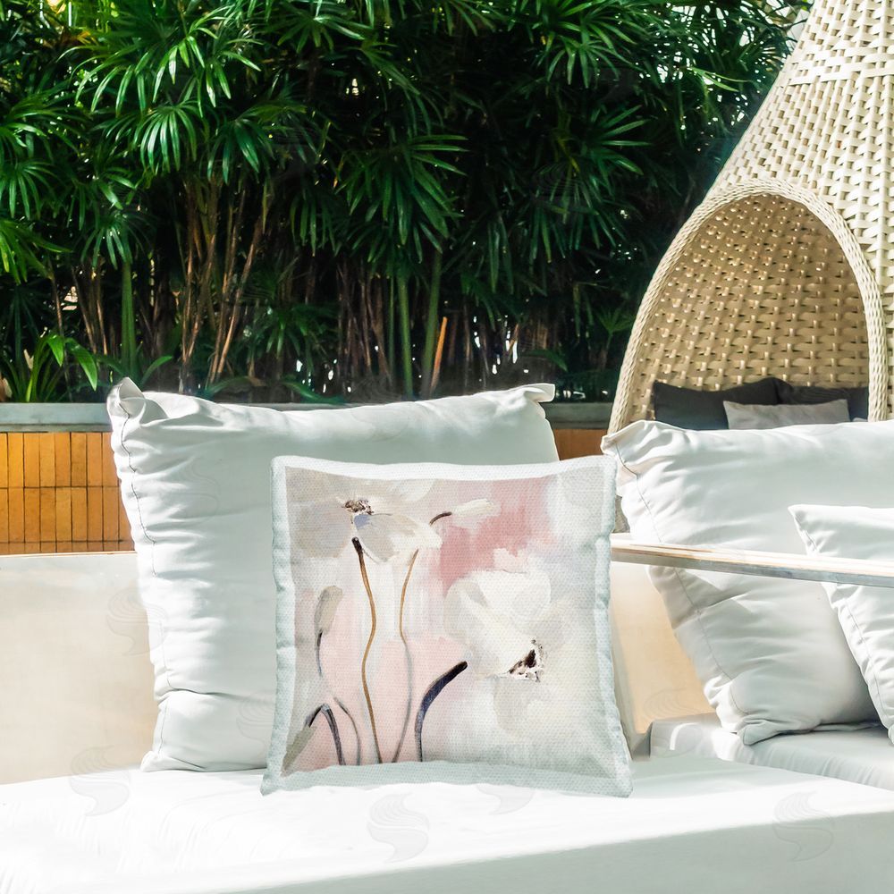 Lanie Loreth Abstract White Blooms Outdoor Quick-Dry Polyester Printed Throw Pillow in Back Yard