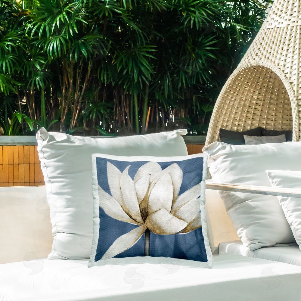 Carol Robinson White Lotus Blooms Outdoor Quick-Dry Polyester Printed Throw Pillow in Back Yard