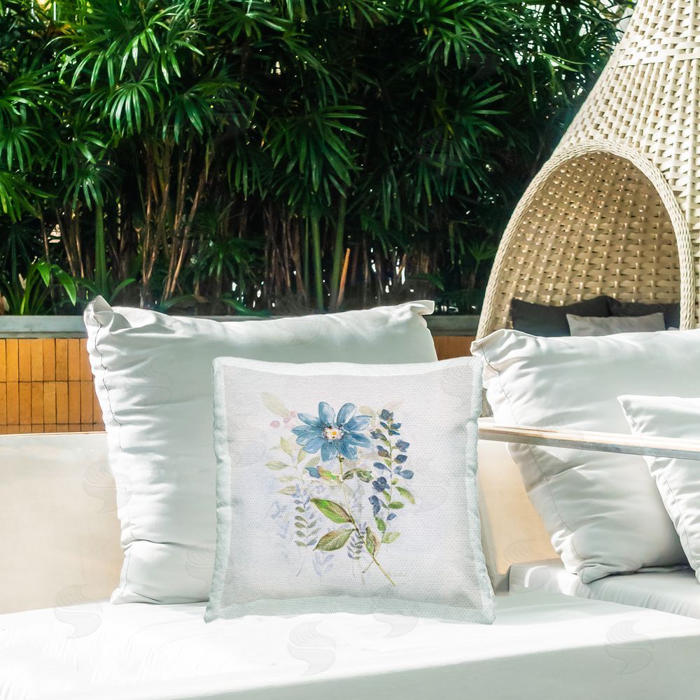 Sally Swatland Blooming Blue Flower Outdoor Quick-Dry Polyester Printed Throw Pillow in Back Yard