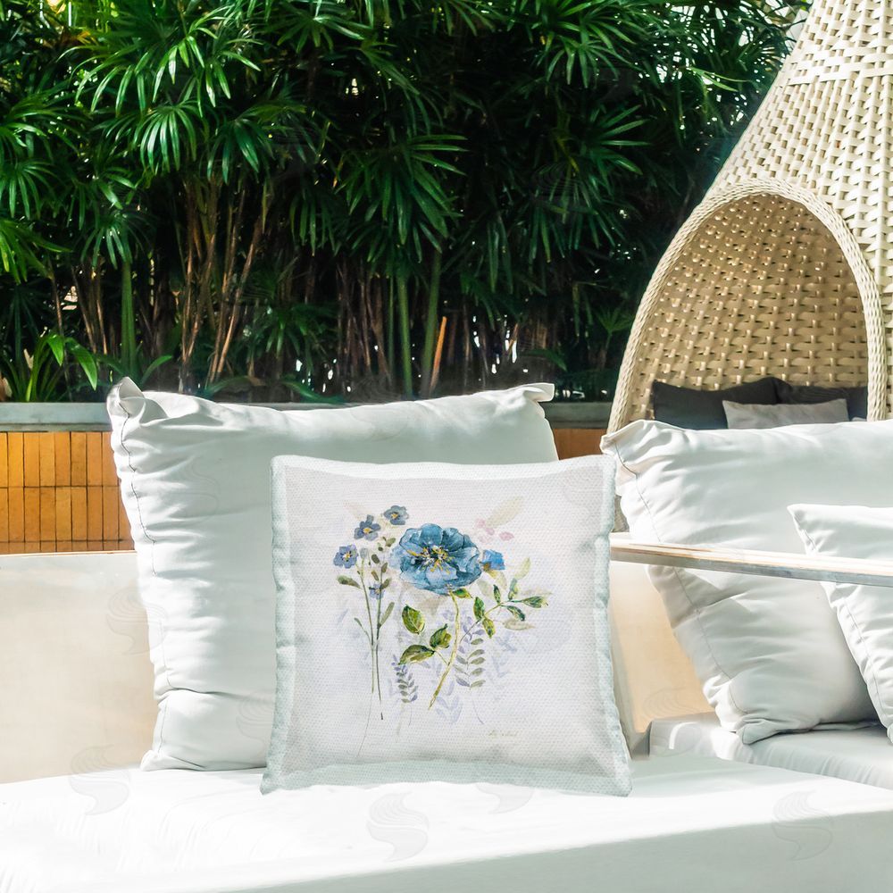 Sally Swatland Blue Blossom Sprigs Outdoor Quick-Dry Polyester Printed Throw Pillow in Back Yard