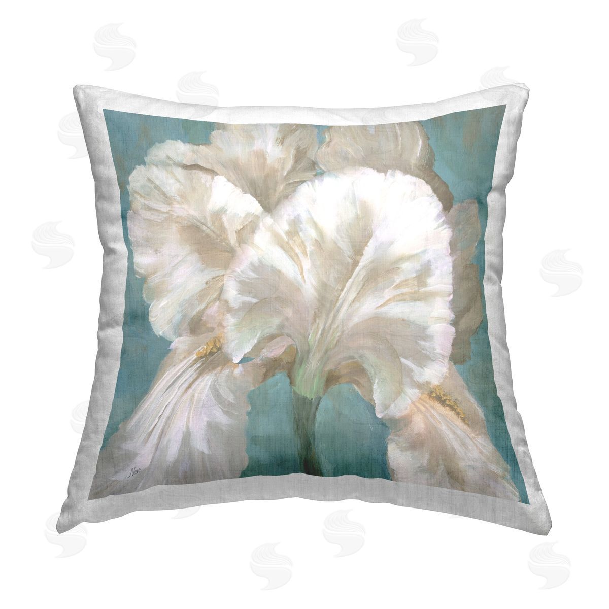 Nan White Iris on Blue Printed Plush Polyester Throw Pillow