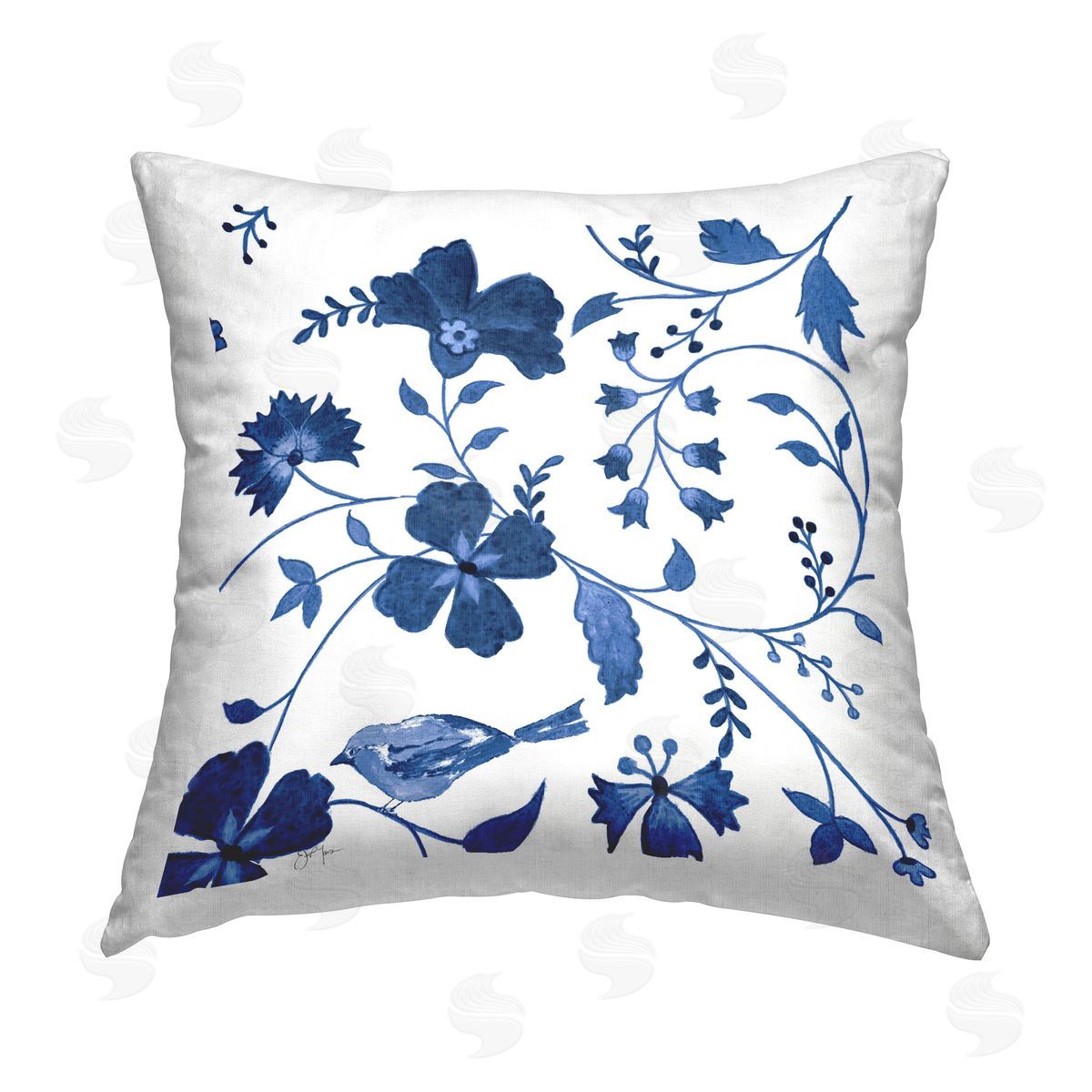 Janet Tava Swirling Blue Flowers Printed Plush Polyester Throw Pillow