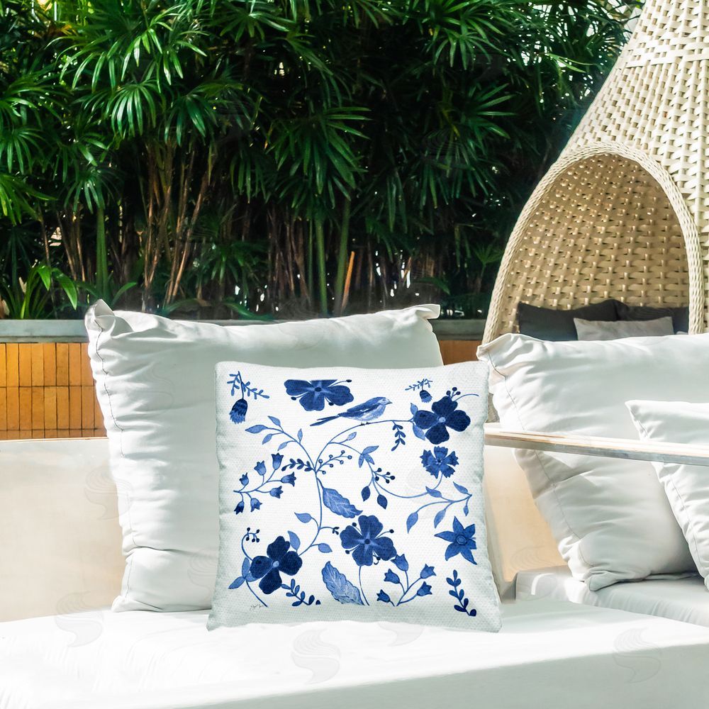 Janet Tava Ornate Blue Flowers Outdoor Quick-Dry Polyester Printed Throw Pillow in Back Yard