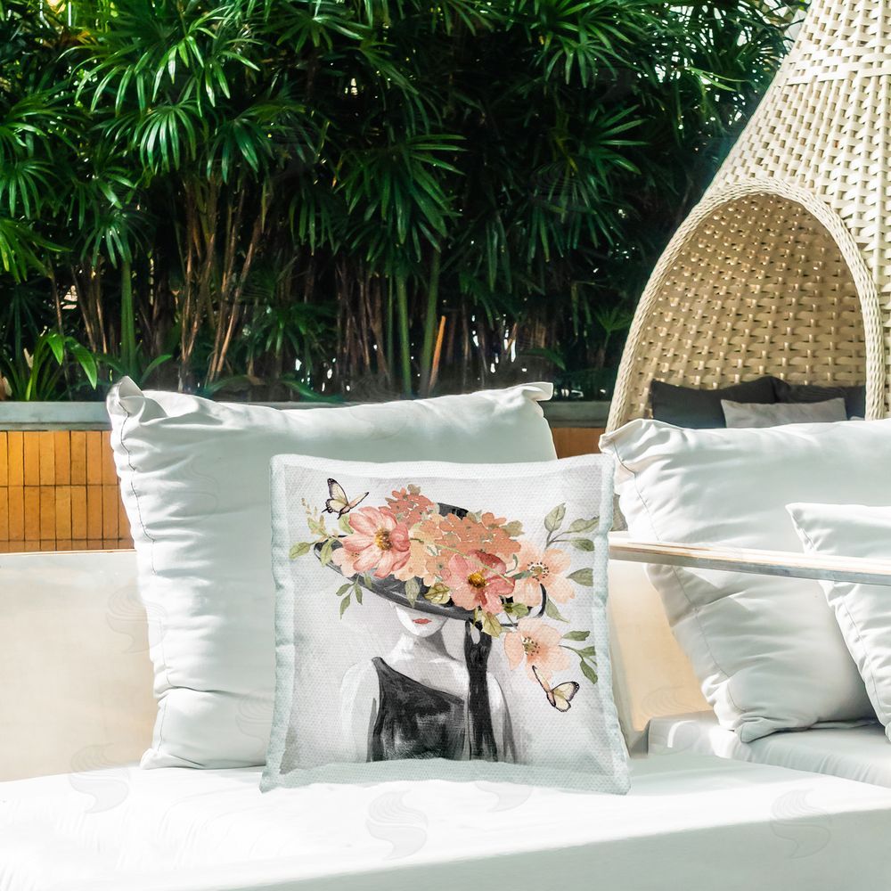 Nan Pink Floral Hat Outdoor Quick-Dry Polyester Printed Throw Pillow in Back Yard