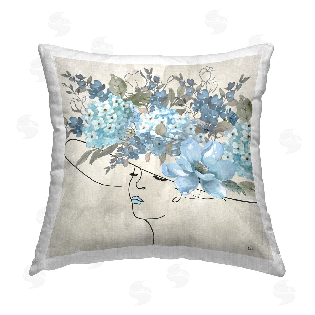 Nan Blue Floral Hat Printed Plush Polyester Throw Pillow